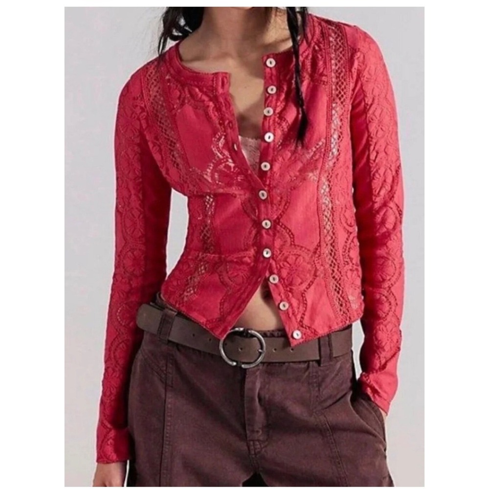 Free People Jae Sheer Lace Knit Long Sleeve Top Pink 101157378 Medium NWT